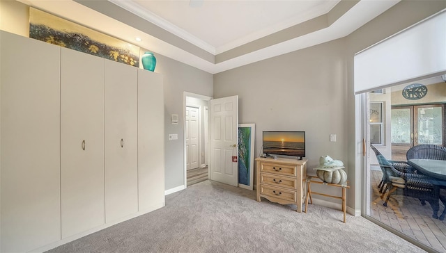 carpeted bedroom with a raised ceiling and ornamental molding