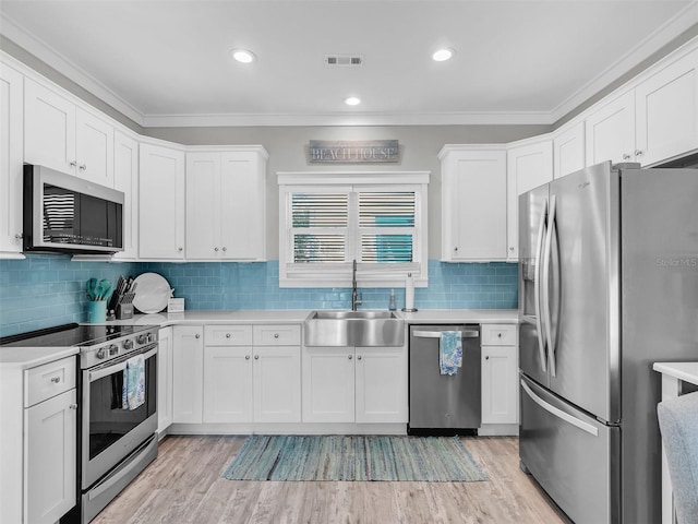 kitchen with white cabinetry, sink, stainless steel appliances, and ornamental molding