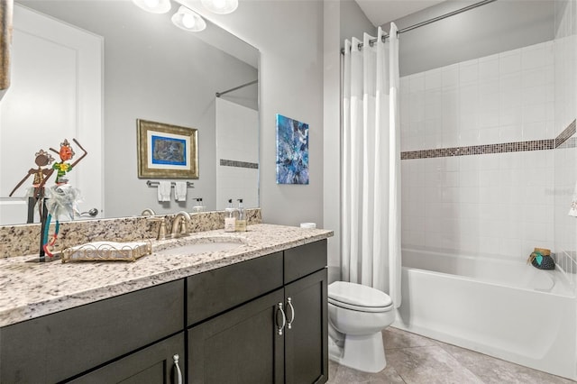 full bathroom with tile patterned flooring, vanity, shower / bath combo, and toilet