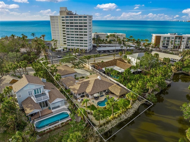 drone / aerial view featuring a water view