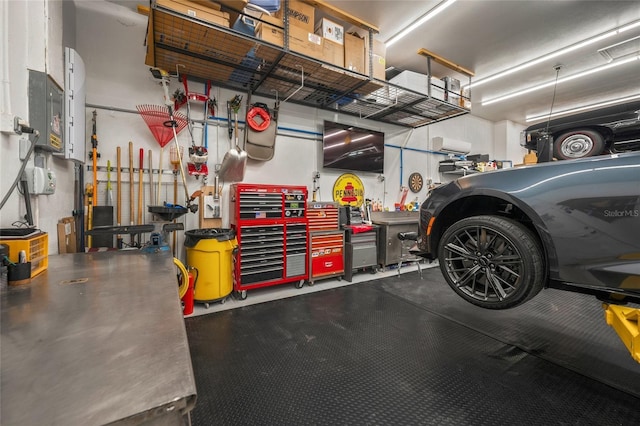 garage with a workshop area