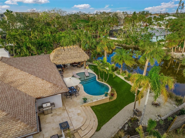 view of swimming pool with a gazebo and a patio area