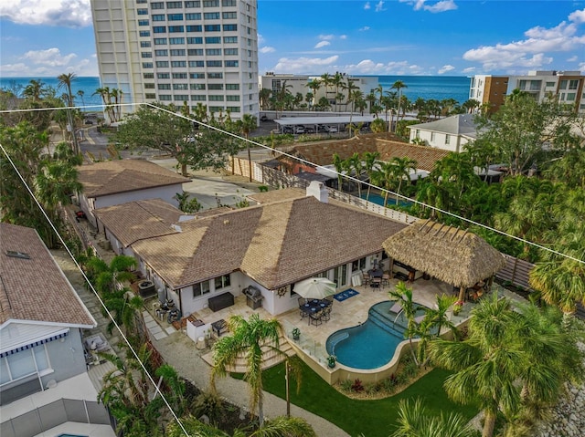 drone / aerial view featuring a water view