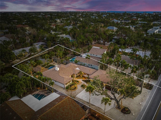 view of aerial view at dusk