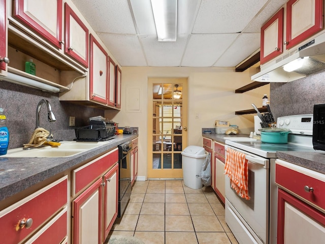 kitchen with a paneled ceiling, white electric range, black dishwasher, and sink