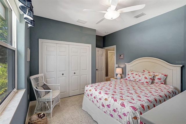 bedroom featuring multiple windows, ceiling fan, and a closet