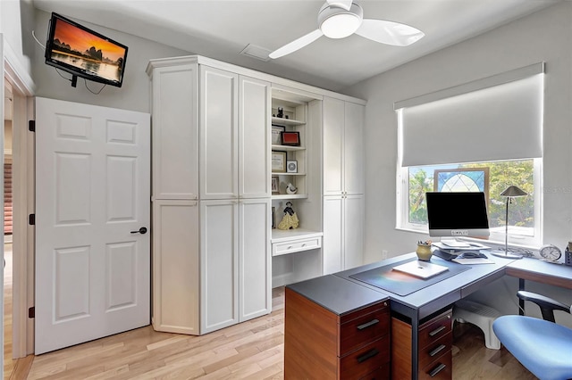 office space with ceiling fan and light hardwood / wood-style floors