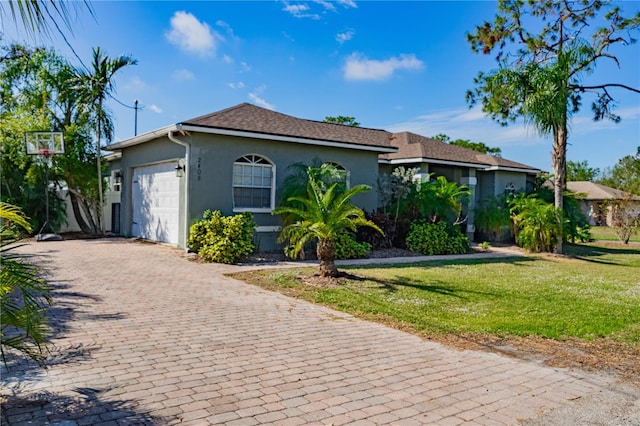 ranch-style house featuring a garage and a front lawn