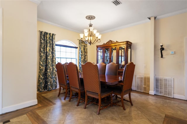 dining space featuring a chandelier and crown molding