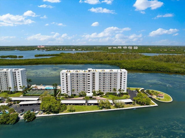 drone / aerial view with a water view