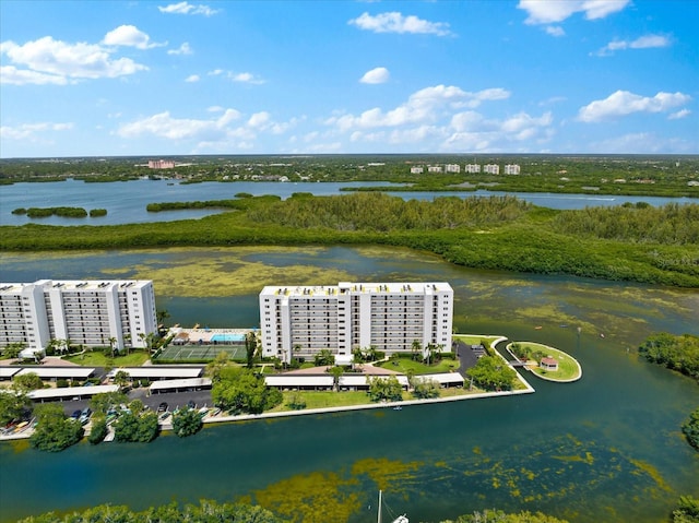 aerial view featuring a water view