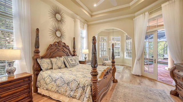 bedroom featuring light hardwood / wood-style flooring, access to exterior, multiple windows, and a tray ceiling