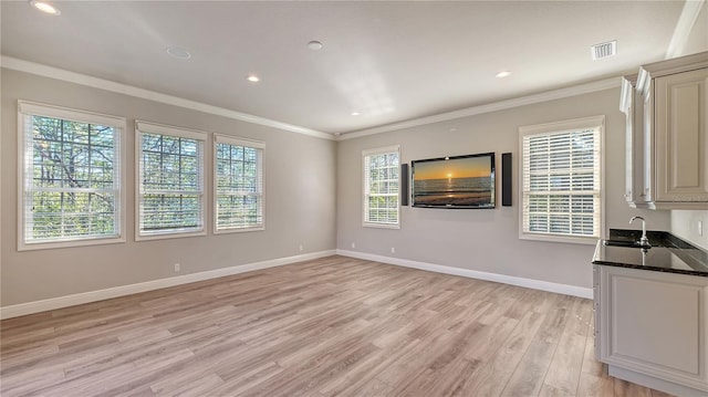 interior space with sink, light hardwood / wood-style flooring, plenty of natural light, and ornamental molding