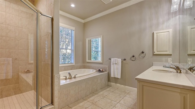 bathroom with tile patterned floors, vanity, ornamental molding, and independent shower and bath