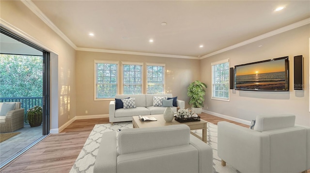 living room with a healthy amount of sunlight, light hardwood / wood-style flooring, and ornamental molding