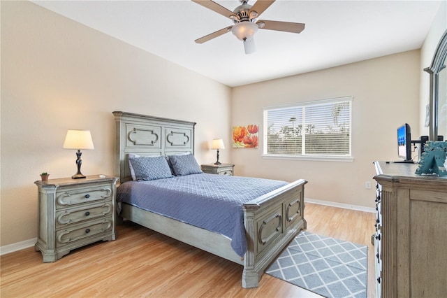 bedroom featuring light wood-type flooring and ceiling fan