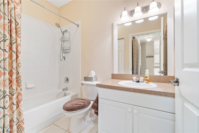 full bathroom featuring tile patterned flooring, vanity, toilet, and shower / bathtub combination with curtain