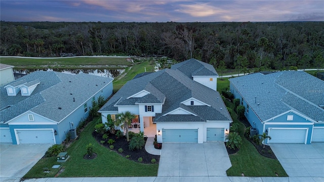 view of aerial view at dusk