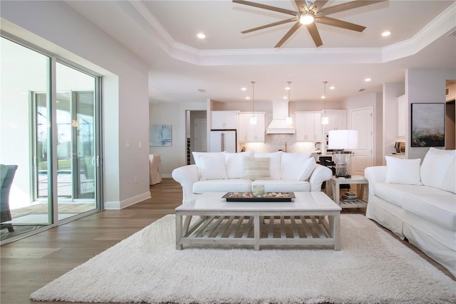 living room featuring a raised ceiling, ceiling fan, and plenty of natural light