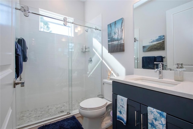 bathroom with vanity, toilet, and walk in shower