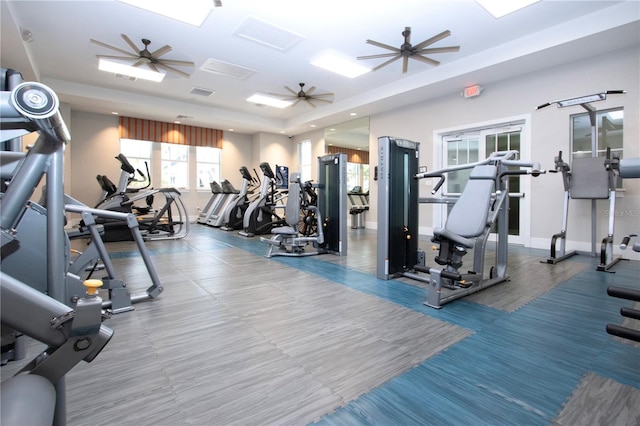 workout area featuring ceiling fan