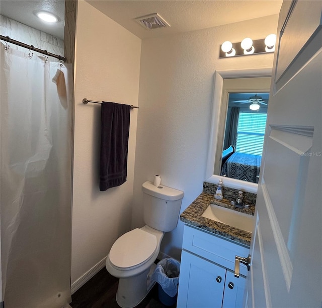 bathroom featuring vanity, curtained shower, toilet, and a textured ceiling