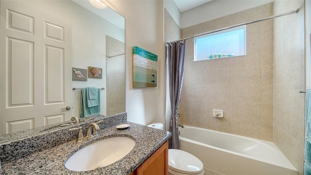 full bathroom with vanity, toilet, and shower / bathtub combination with curtain