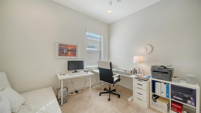 office area featuring light carpet