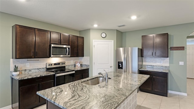 kitchen featuring backsplash, sink, an island with sink, and appliances with stainless steel finishes