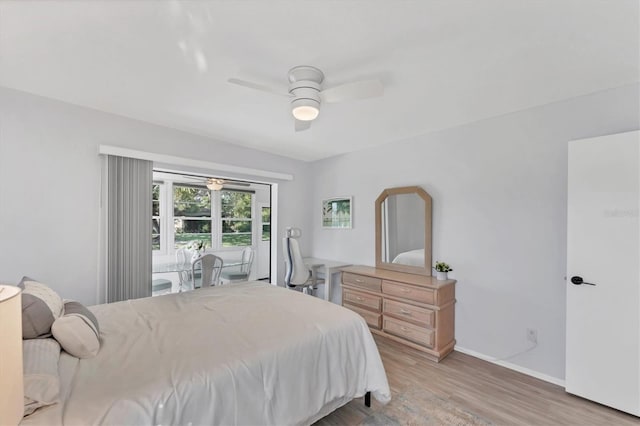 bedroom featuring ceiling fan and light hardwood / wood-style floors