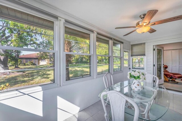 sunroom / solarium featuring a wealth of natural light and ceiling fan