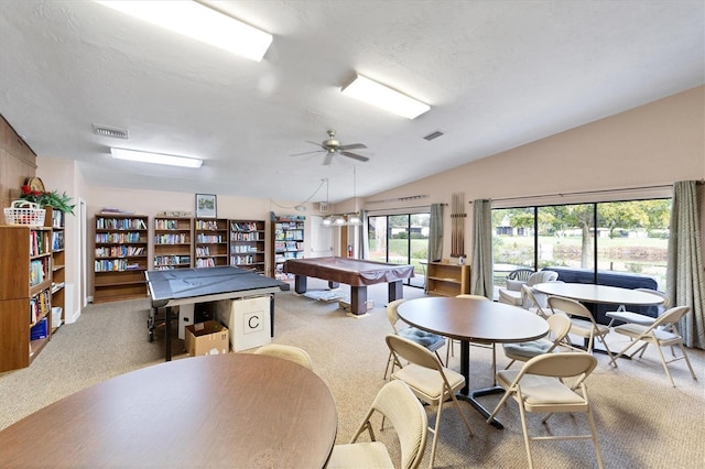 playroom featuring light colored carpet, ceiling fan, lofted ceiling, and pool table