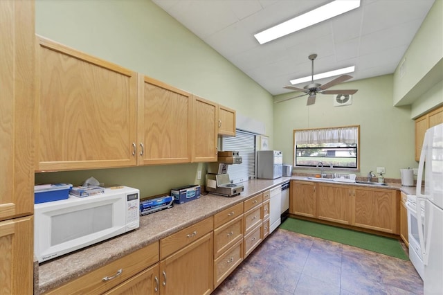 kitchen featuring ceiling fan, white appliances, and lofted ceiling