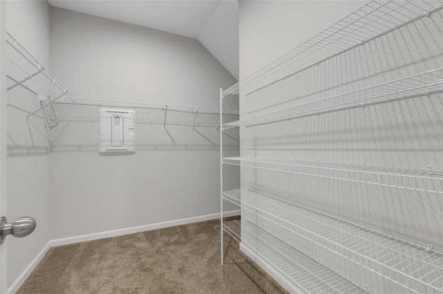 spacious closet with carpet floors and lofted ceiling