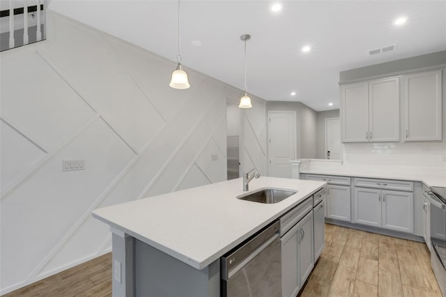 kitchen with stainless steel appliances, a sink, visible vents, light countertops, and a center island with sink