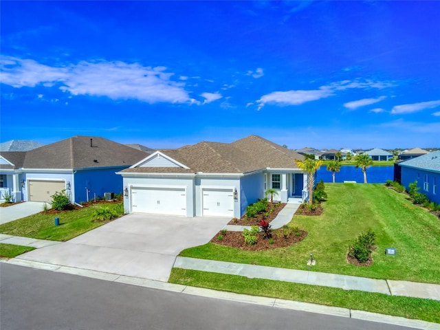 ranch-style house featuring stucco siding, a water view, a garage, a residential view, and a front lawn