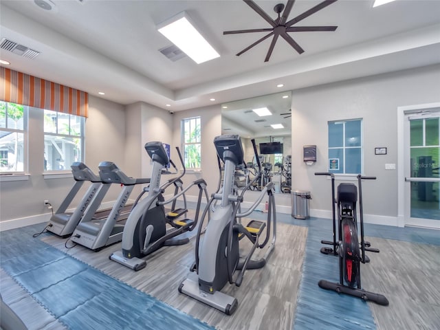 gym with recessed lighting, visible vents, and baseboards