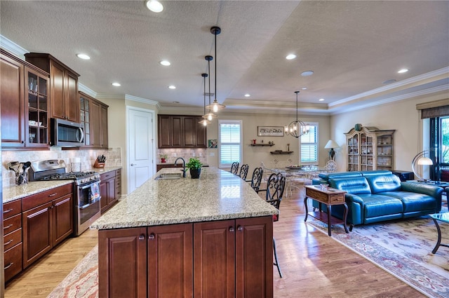 kitchen featuring light hardwood / wood-style floors, a spacious island, sink, and appliances with stainless steel finishes