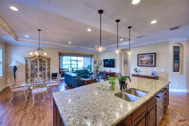 kitchen with a tray ceiling, light stone counters, sink, and a center island with sink