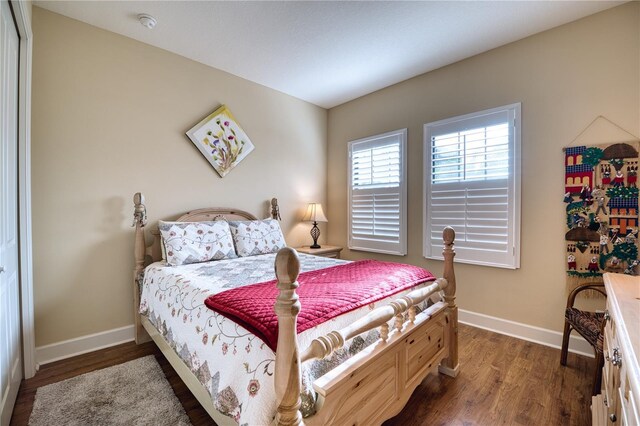 bedroom featuring dark wood-type flooring and a closet