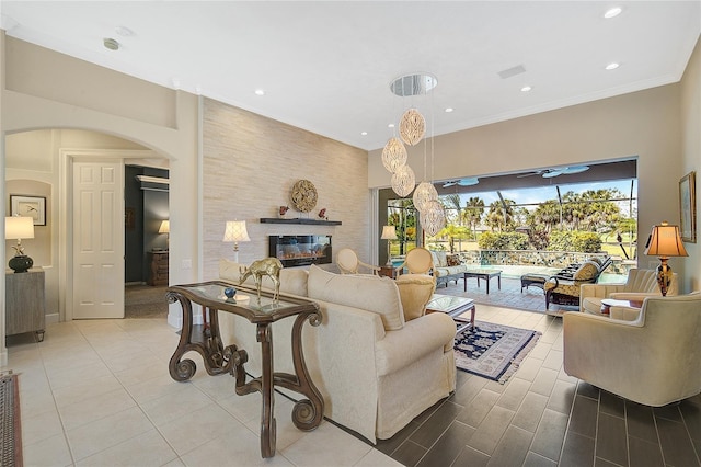 living room featuring tile patterned flooring