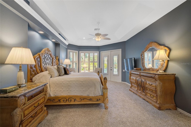 bedroom with ceiling fan, carpet floors, and access to outside