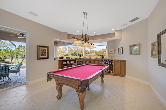 rec room featuring ceiling fan, plenty of natural light, light tile patterned floors, and pool table