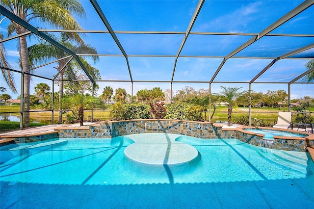 view of swimming pool featuring glass enclosure, an in ground hot tub, and a water view