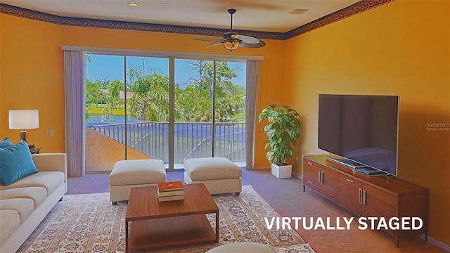 2123 Calusa Lakes Blvd, Nokomis, FL 34275 - carpeted living room featuring ceiling fan and baseboards