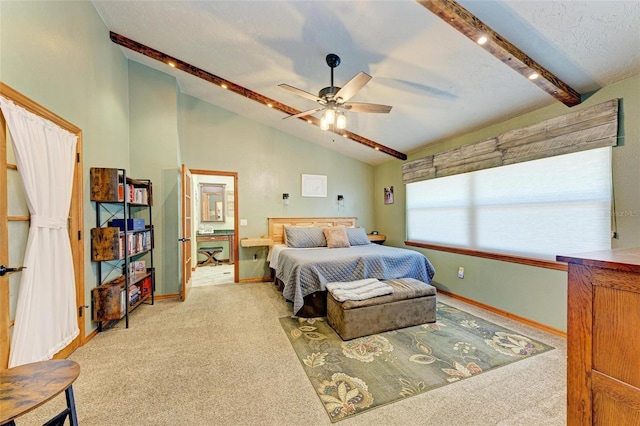 carpeted bedroom featuring vaulted ceiling with beams, ceiling fan, and a textured ceiling