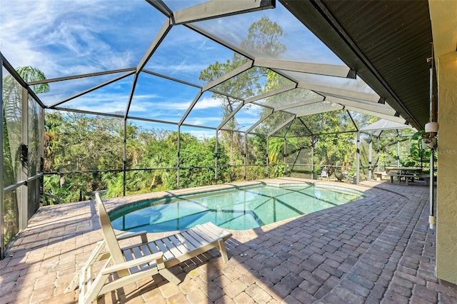 view of swimming pool with a lanai and a patio area