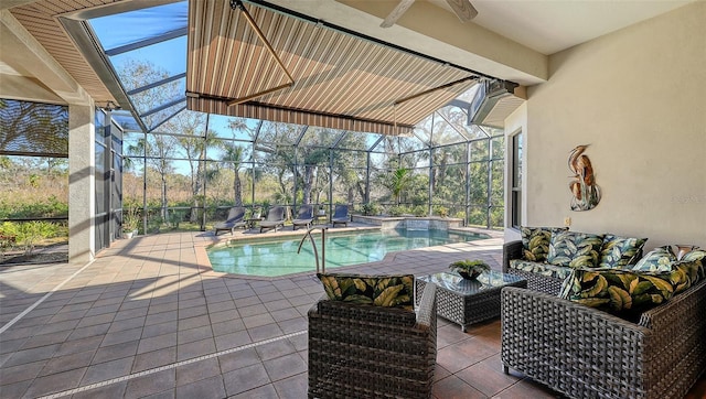 view of swimming pool featuring outdoor lounge area, a patio, and glass enclosure