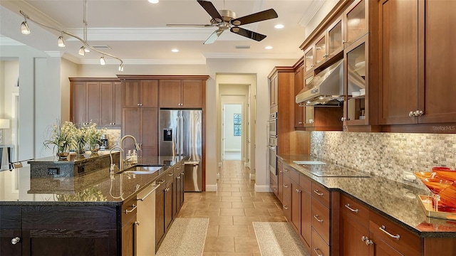 kitchen featuring appliances with stainless steel finishes, tasteful backsplash, dark stone counters, ventilation hood, and sink