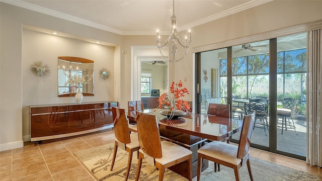 dining area with ceiling fan with notable chandelier, crown molding, and light tile patterned flooring